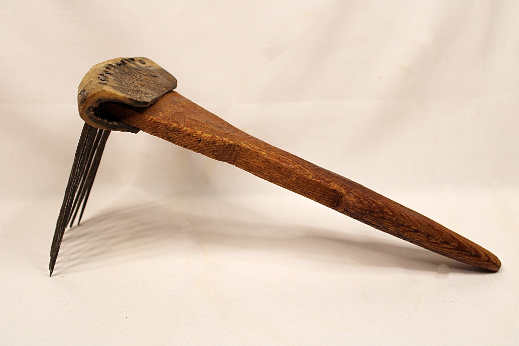 African Textile Tool Wooden Carved Fiber Comb with Forged Iron Spikes Full side view