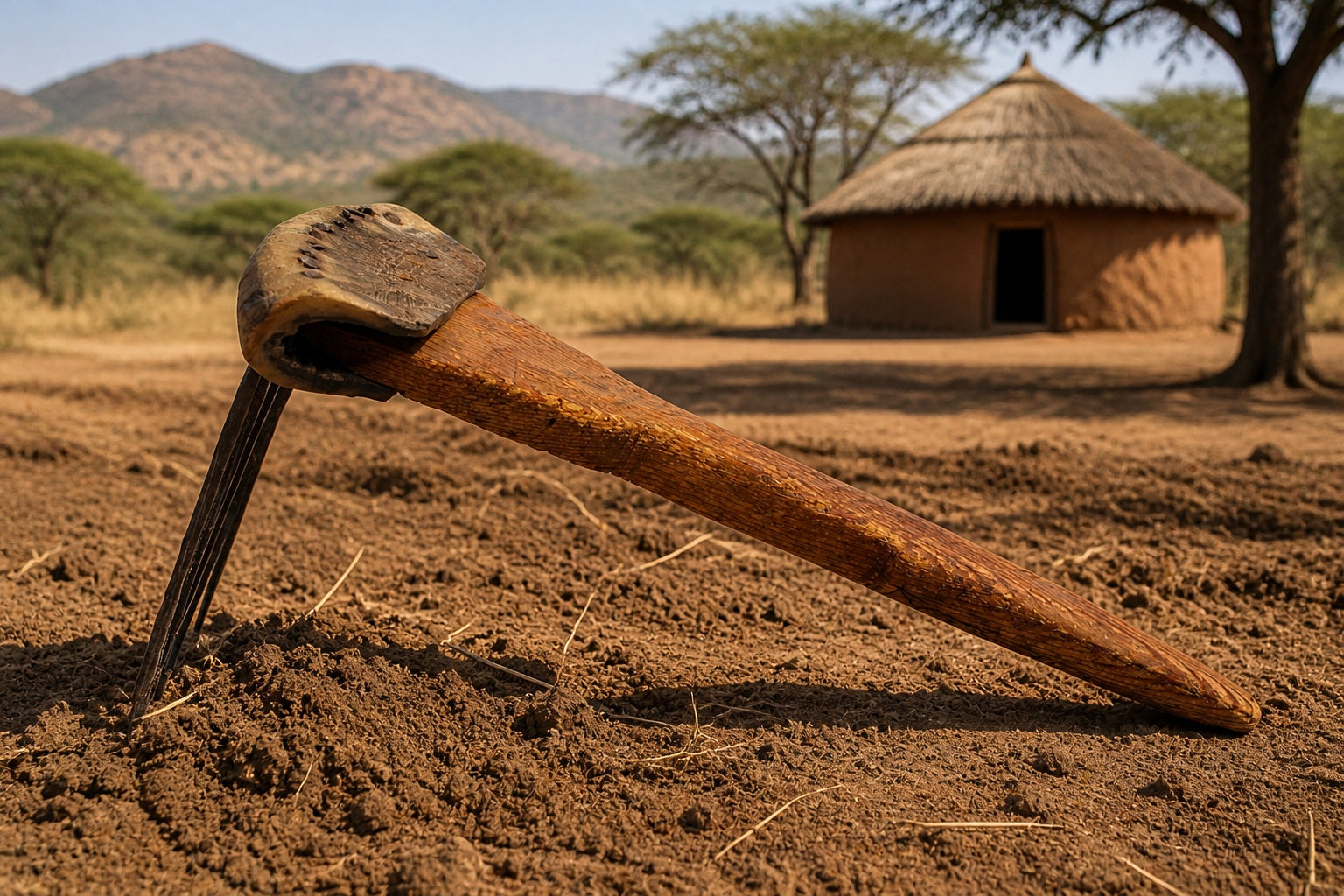 African Textile Tool Wooden Carved Fiber Comb with Forged Iron Spikes out in the dirt
