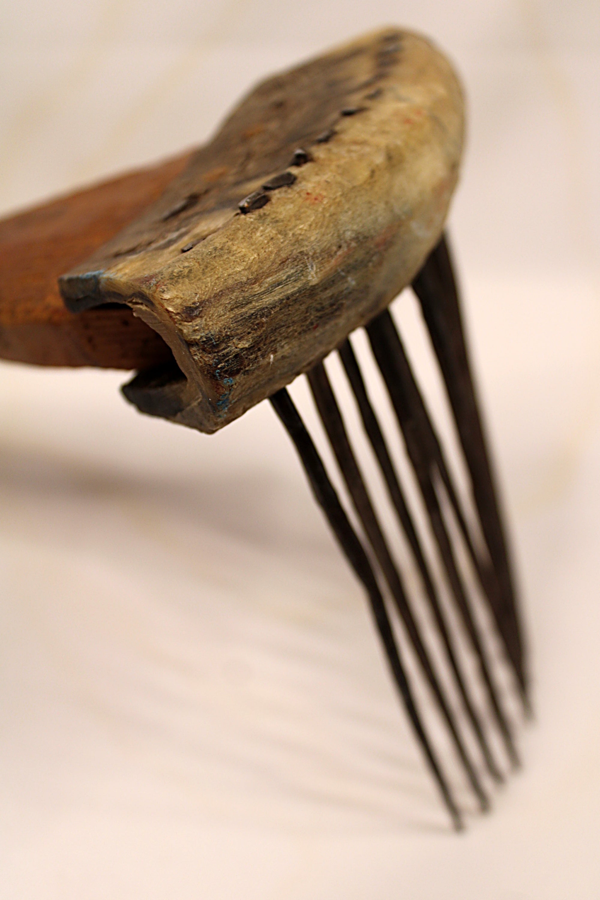 African Textile Tool Wooden Carved Fiber Comb with Forged Iron Spikes Showin how its attached