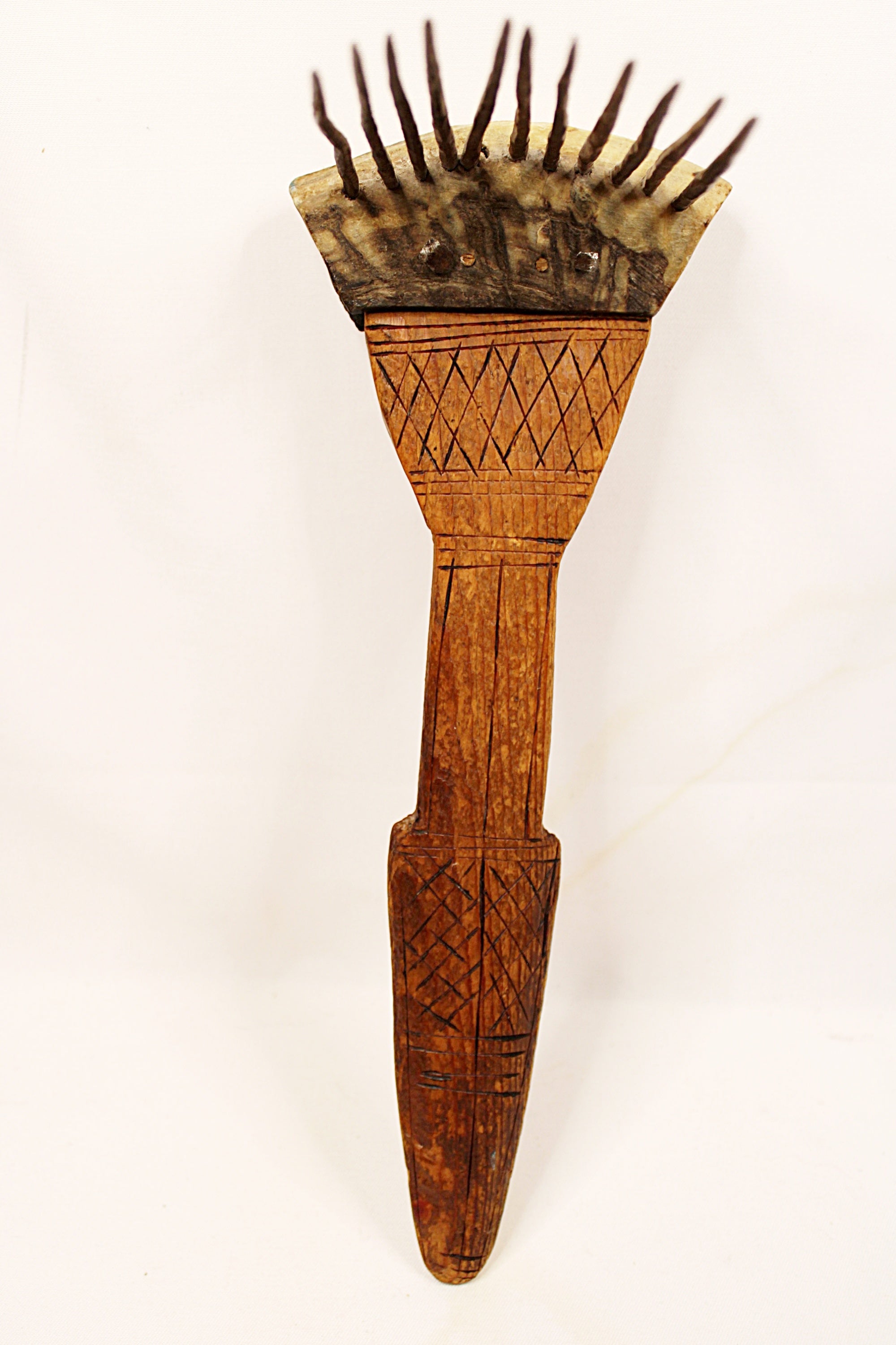 African Textile Tool Wooden Carved Fiber Comb with Forged Iron Spikes Up