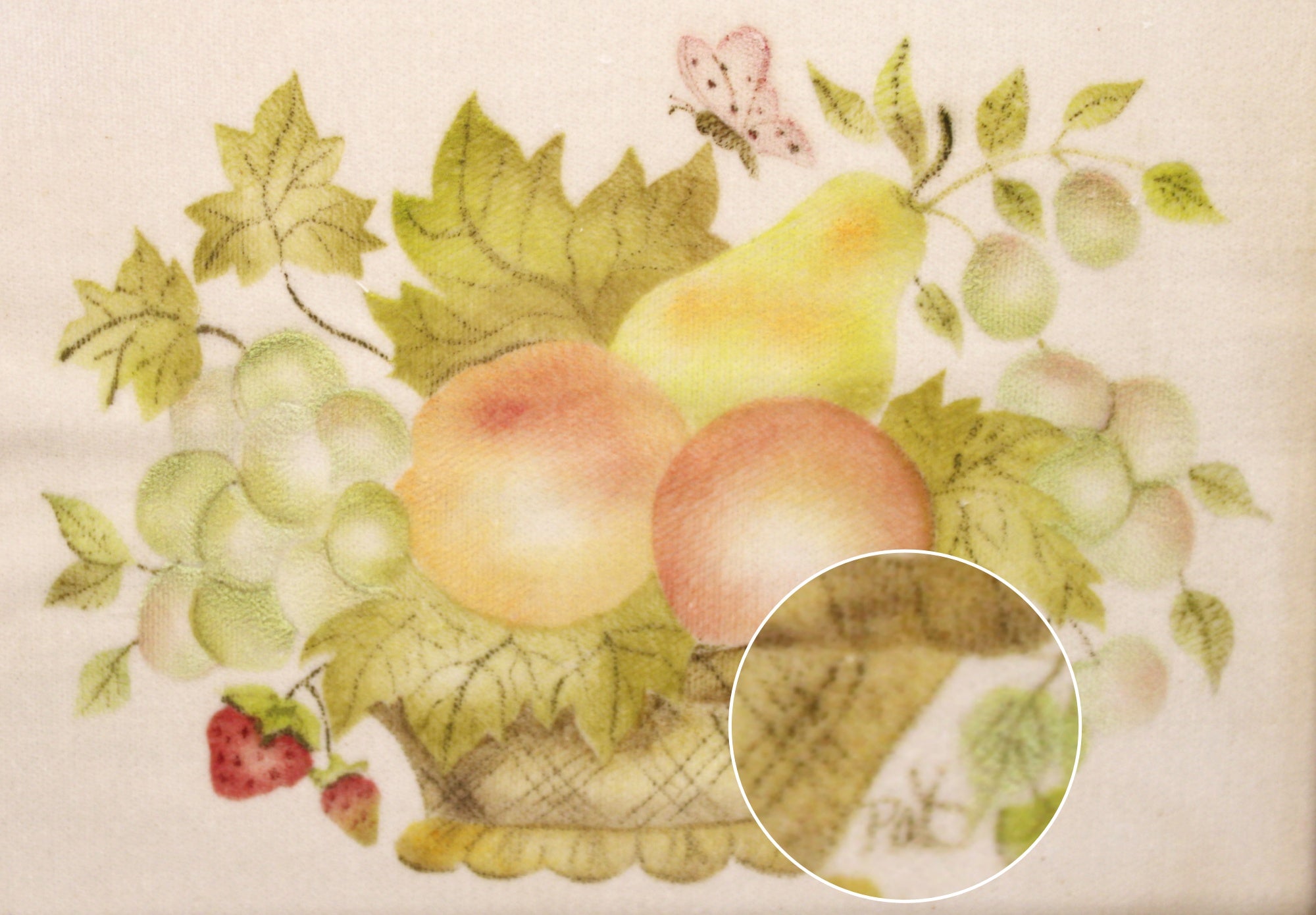 Antique Victorian Fruit Basket Theorem on Velvet signed closeup