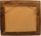 Back of a painting with a wooden frame and brown paper lining.