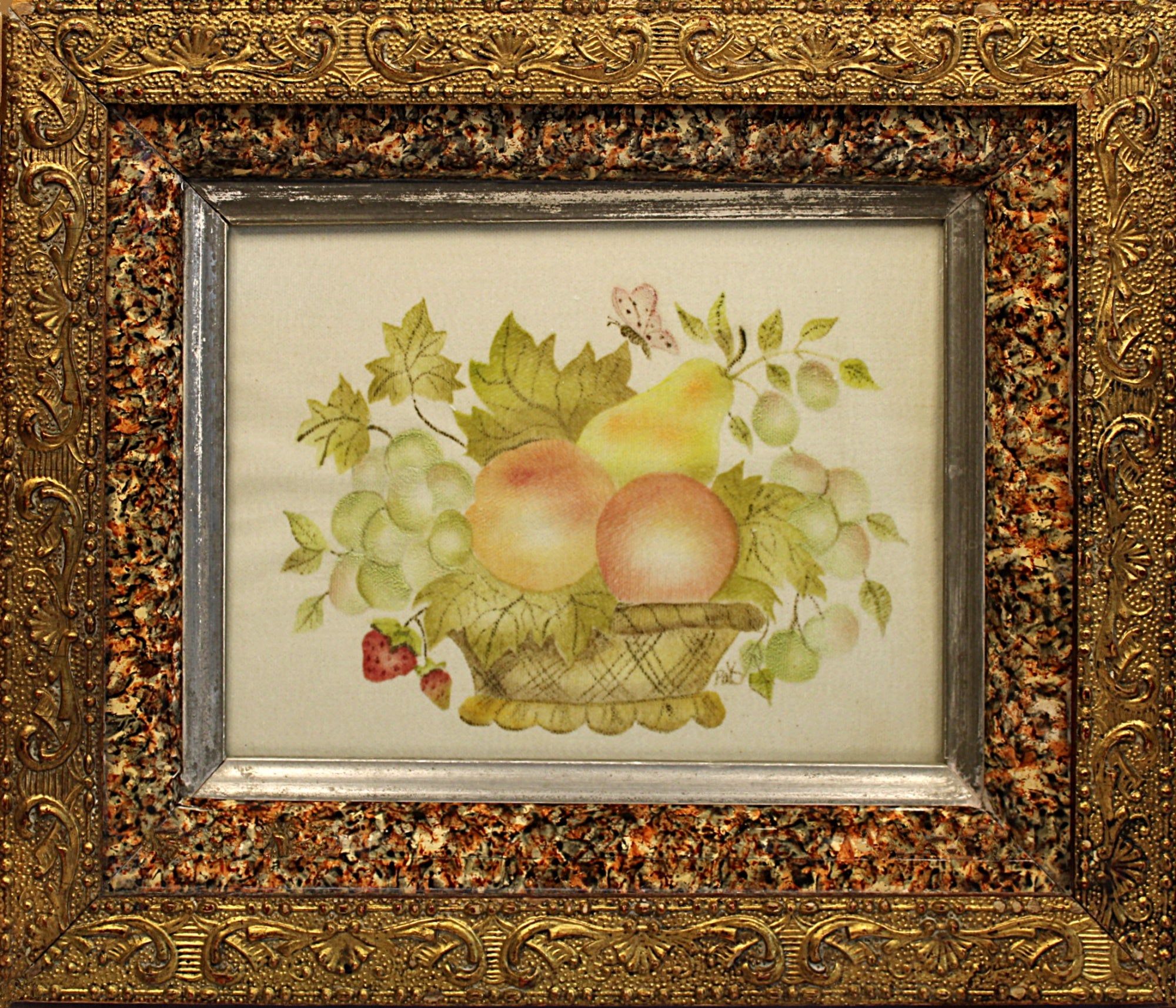 Decorative painting of fruits in a basket with an ornate gold frame.