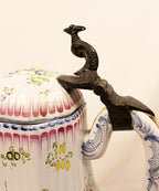 Antique French Faience Lidded Pitcher with Pewter Thumb Lifter Closeup