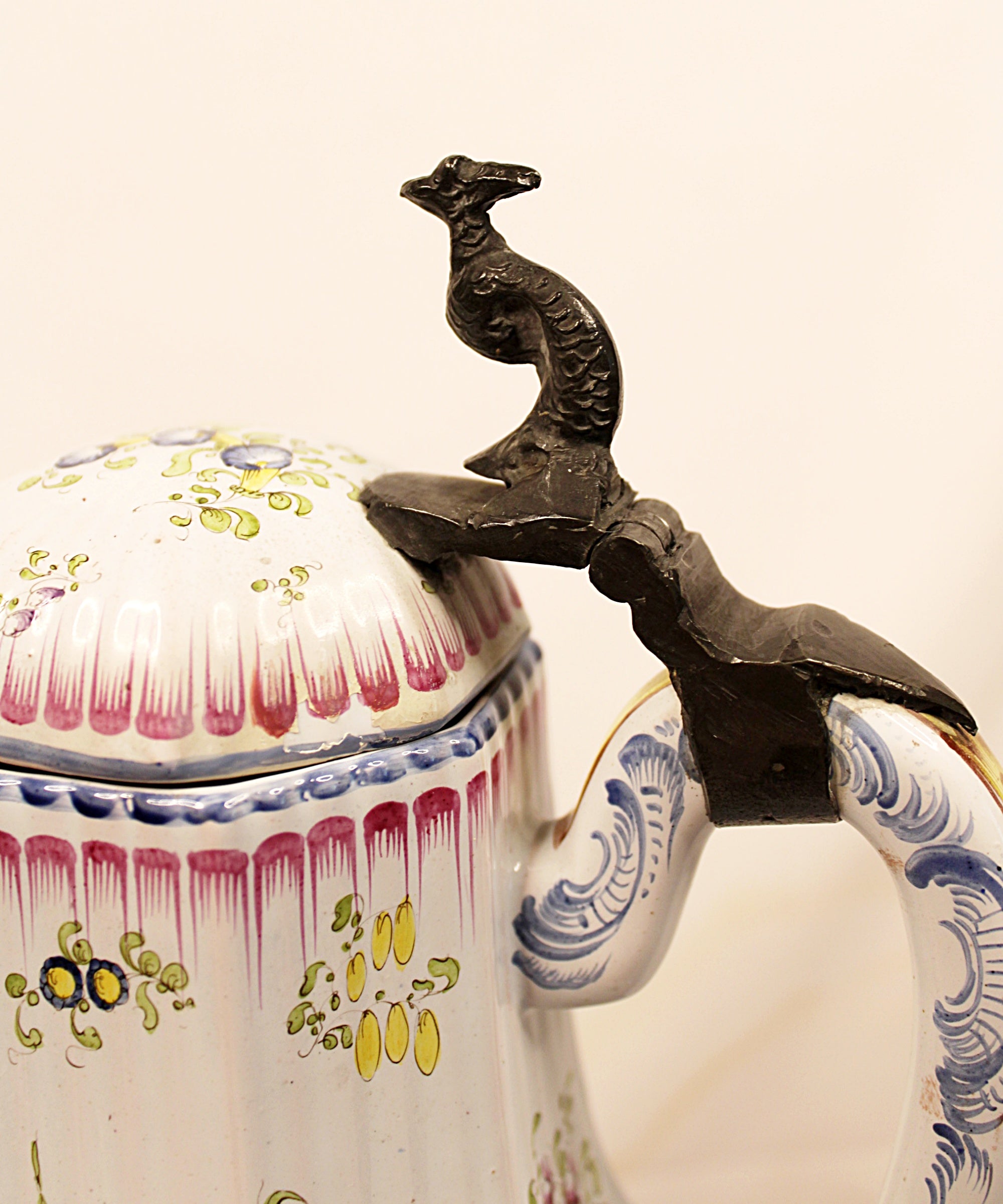 Antique French Faience Lidded Pitcher with Pewter Thumb Lifter Closeup