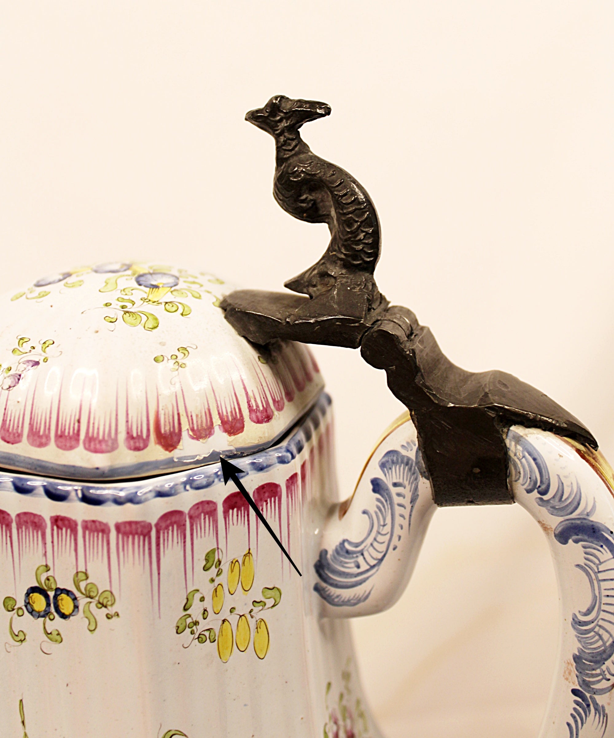 Antique French Faience Lidded Pitcher with Pewter Thumb Lifter