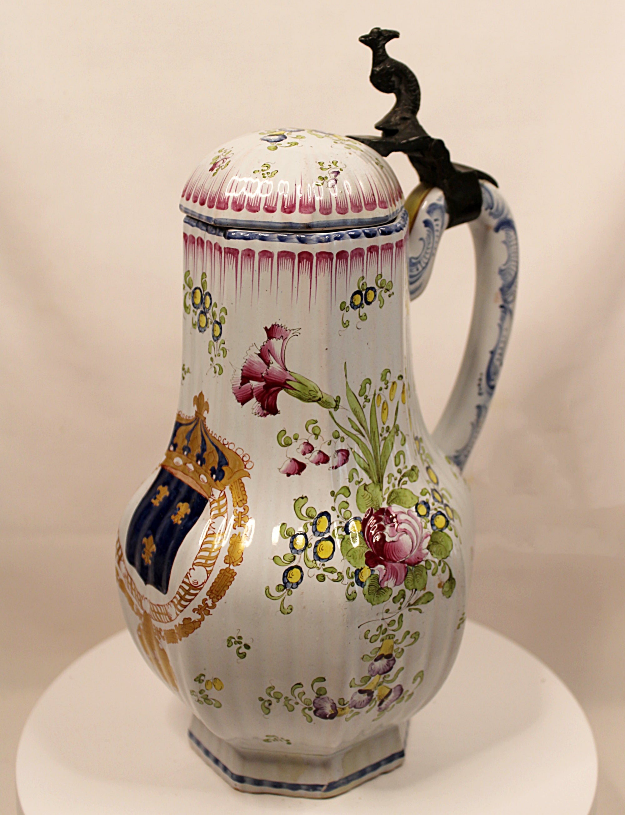 Antique French Faience Lidded Pitcher with Pewter Thumb Lifter
