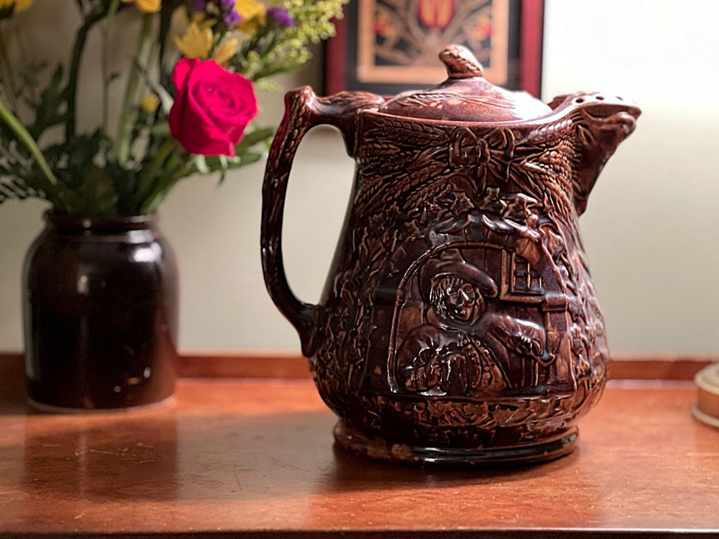 Antique Rockingham Glaze Yellow Ware 7 Pound Lidded Pitcher E. and W. Bennett Pottery Attribution Baltimore