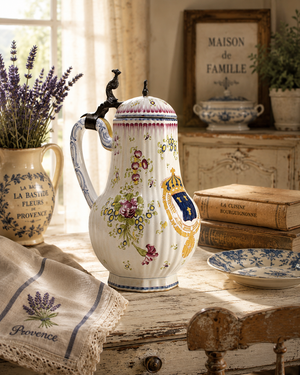 Antique French Faience Lidded Pitcher with Pewter Thumb Lifter