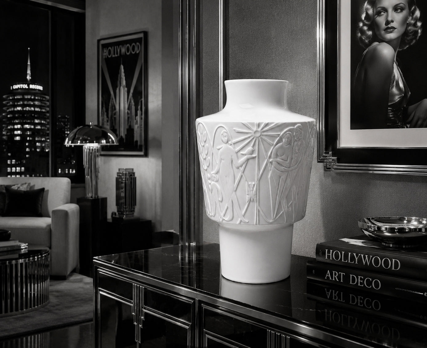 White decorative vase on a table with a cityscape and portrait in the background