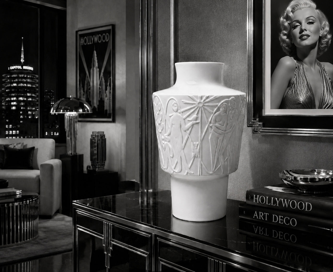Decorative white vase on a table with Hollywood-themed decor in the background Marylin Monroe Picture