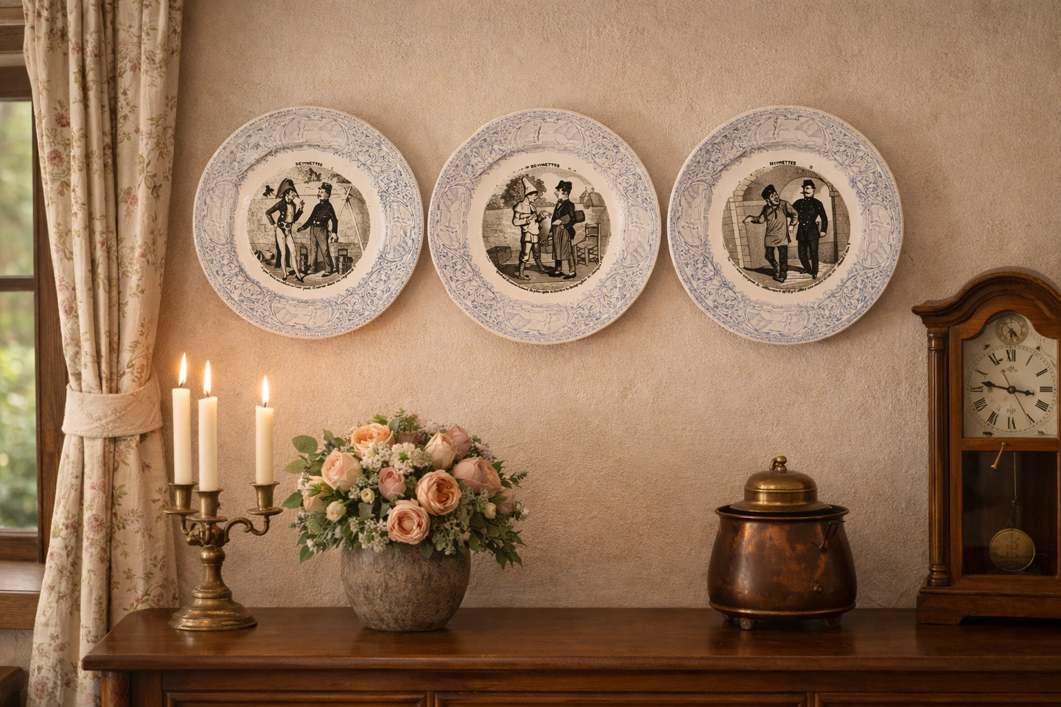 French  Antique Faience Conversation Plates  Set of Three