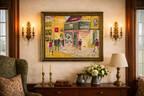 Colonial Philadelphia Scene Original Oil Painting of  Three Crowns Inn on Wall over table with flowers and pewter pitcher