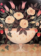 Decorative illustration of a vase with flowers and leaves on a patterned background