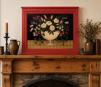 Framed floral artwork on a wooden mantelpiece with decorative items.Folk Art Massachusetts Artist Diane Ulmer Pedersen Framed Print