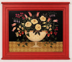 Decorative painting of a floral arrangement in a red frame with a black background Folk Art Massachusetts Artist Diane Ulmer Pedersen Framed Print