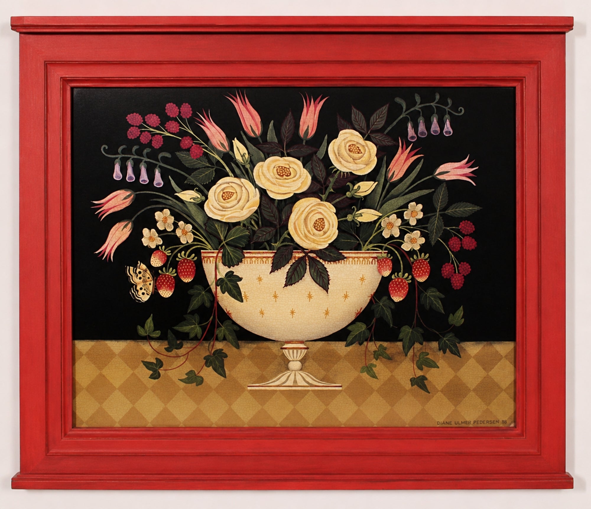 Decorative painting of a floral arrangement in a red frame with a black background Folk Art Massachusetts Artist Diane Ulmer Pedersen Framed Print