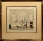 Framed artwork of a classical scene with people at a table, likely from a historical or artistic period.