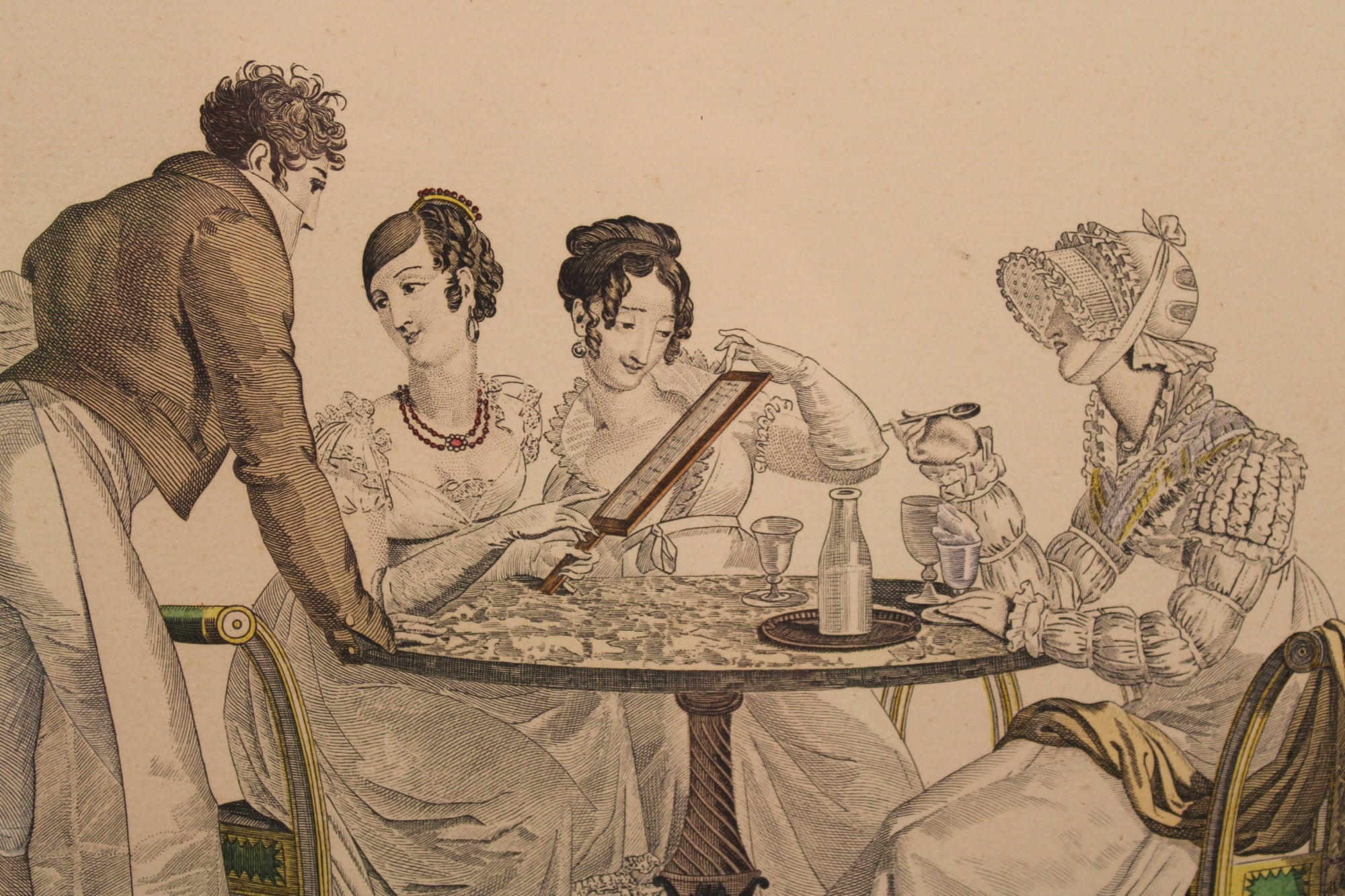 LE BON GENRE: Four 1800s French Etchings Hand Colored Framed Cuisine Themed