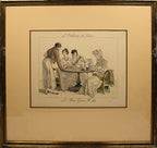 Framed artwork depicting a scene with people around a table on a beige background
