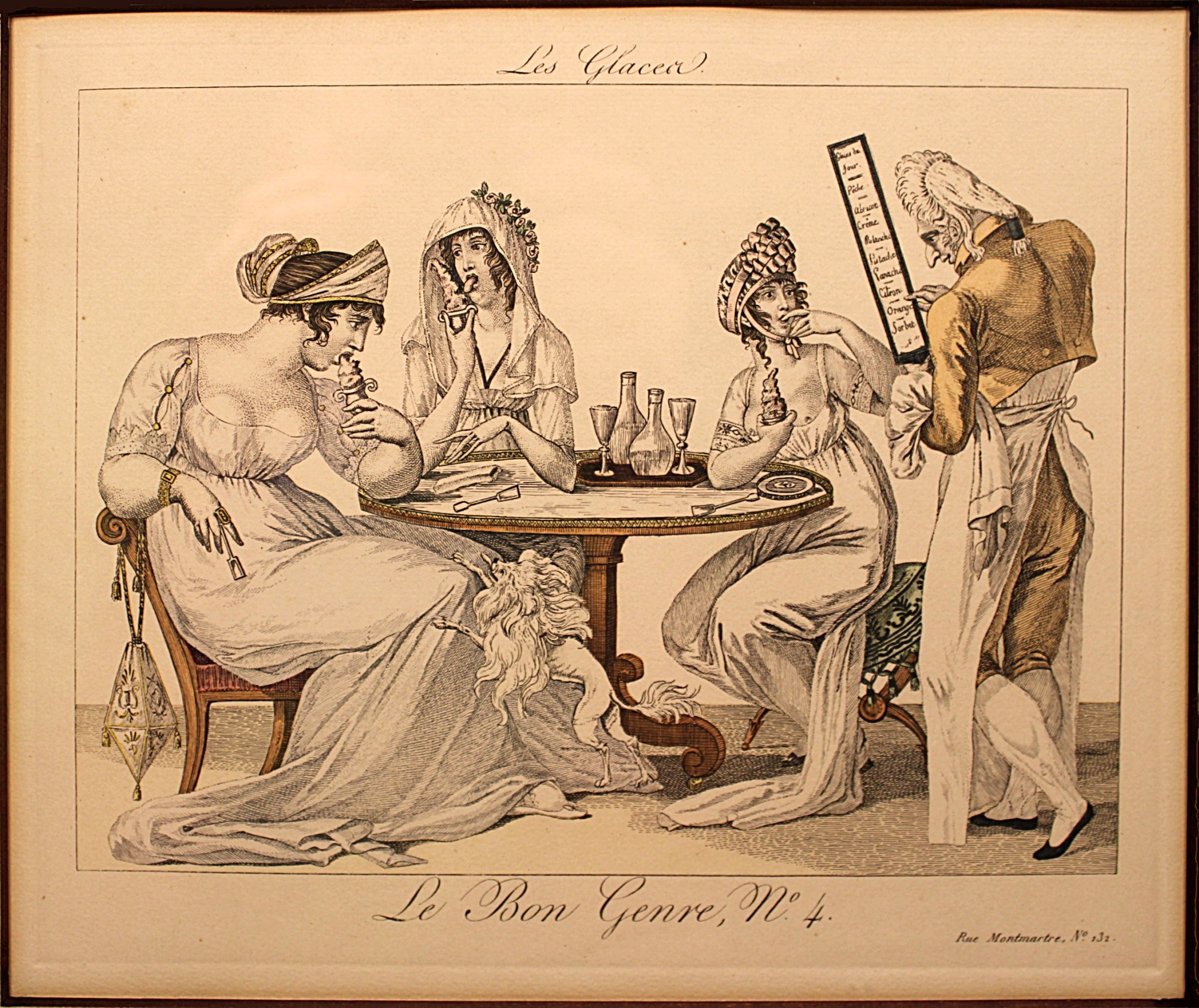 LE BON GENRE: Four 1800s French Etchings Hand Colored Framed Cuisine Themed