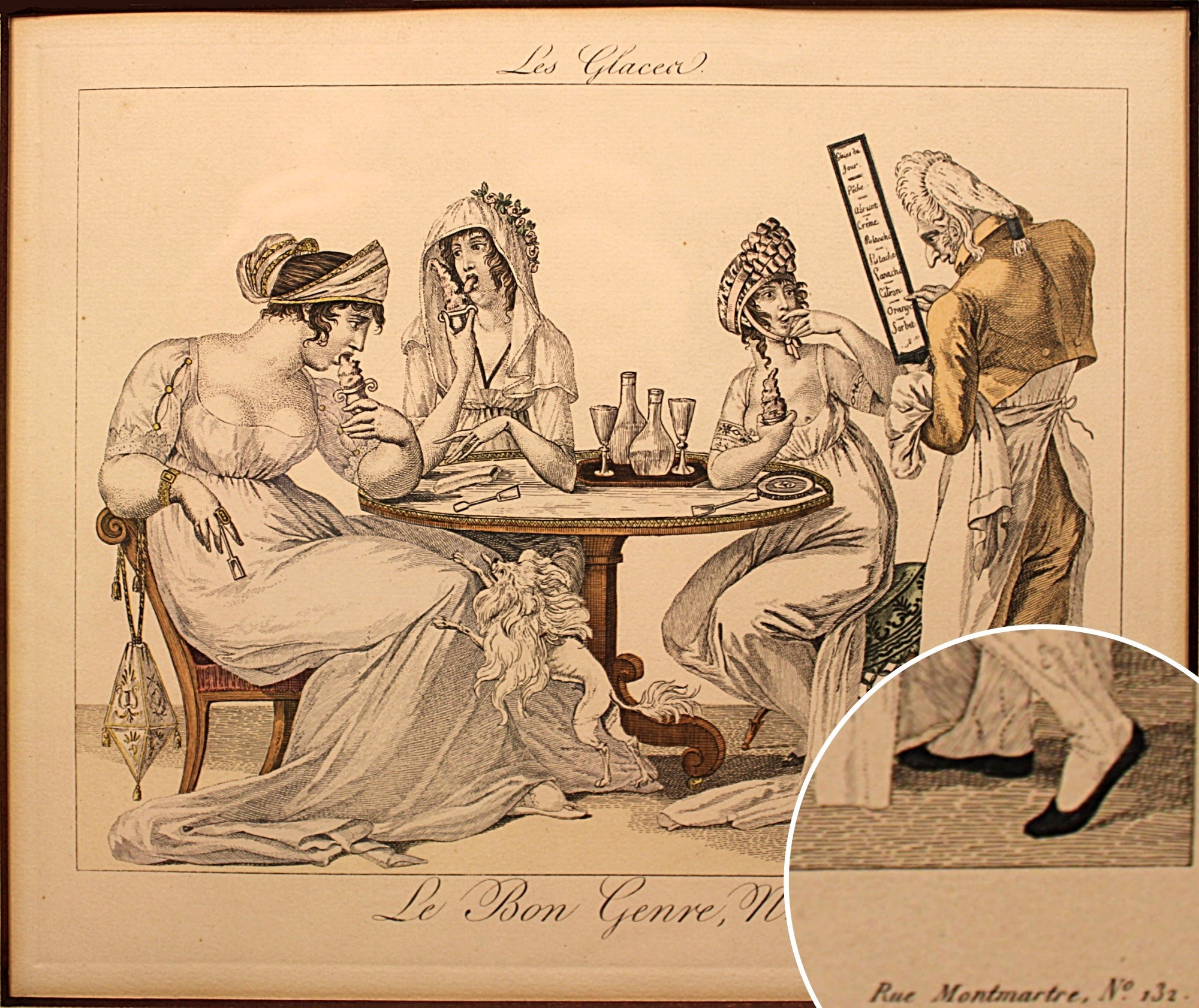 LE BON GENRE: Four 1800s French Etchings Hand Colored Framed Cuisine Themed