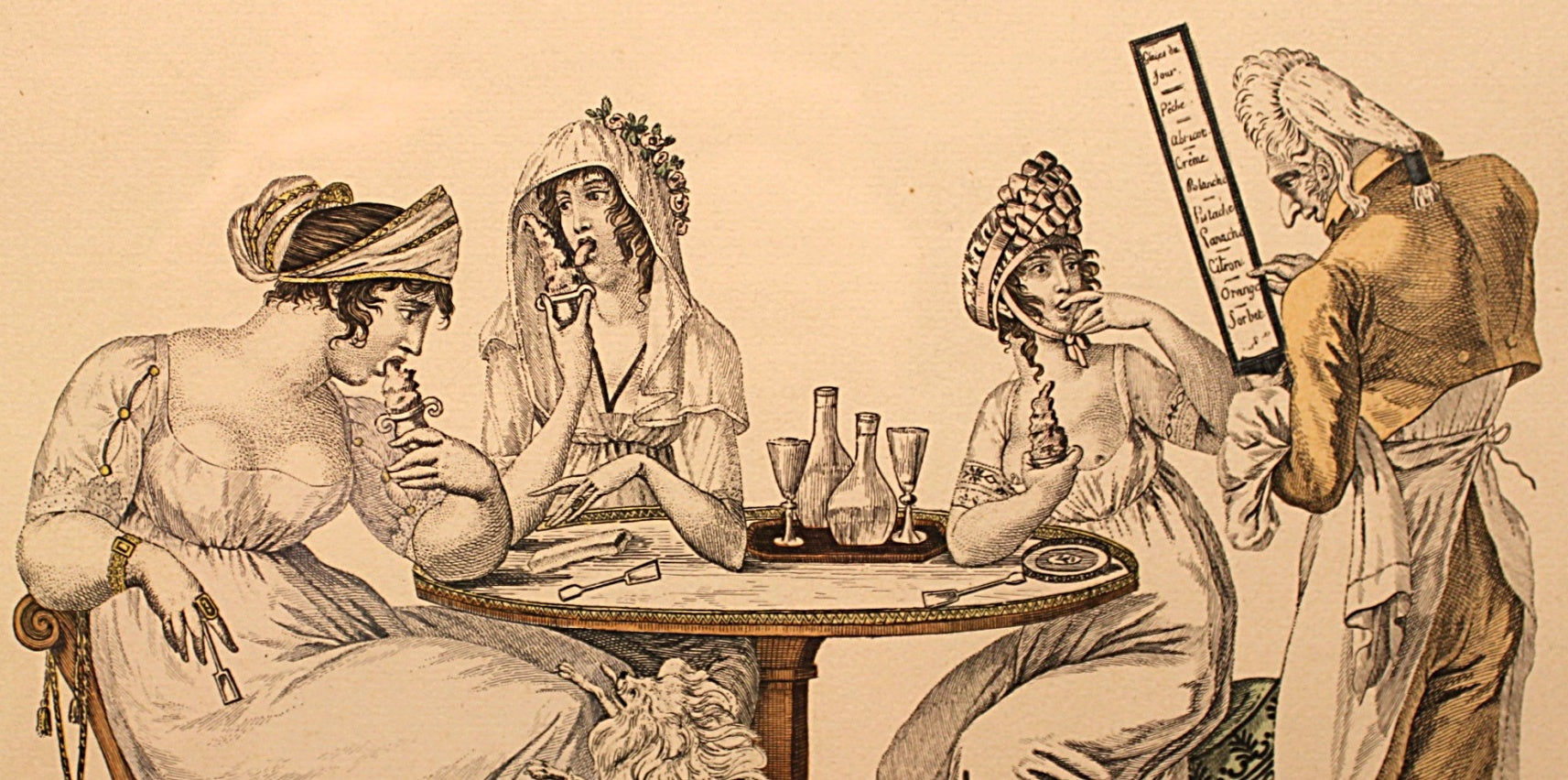 LE BON GENRE: Four 1800s French Etchings Hand Colored Framed Cuisine Themed