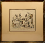 Framed artwork depicting classical scene with figures around a table.
