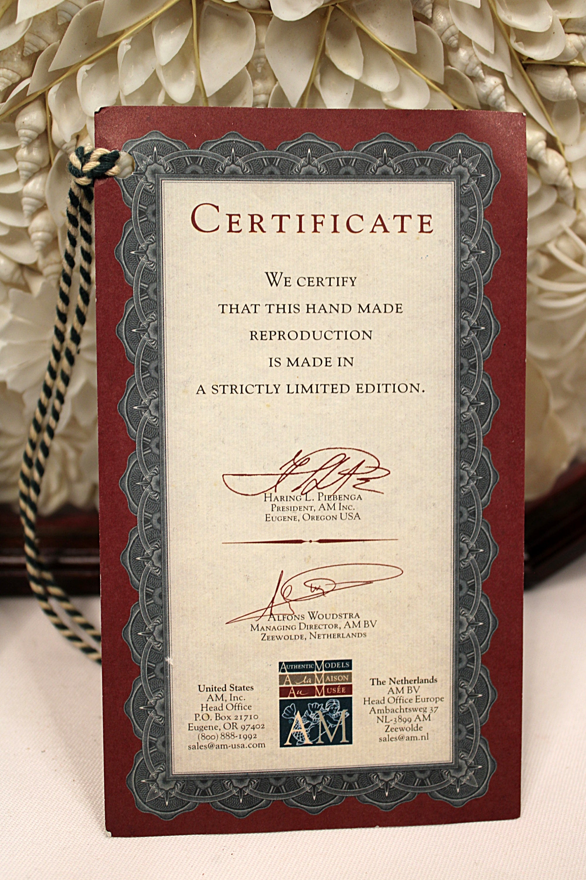 Certificate with decorative border and text on a textured surface