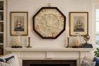 Sailor's Valentine Handmade with Seashells and Mahogany hug over fireplace with sailing ship art.