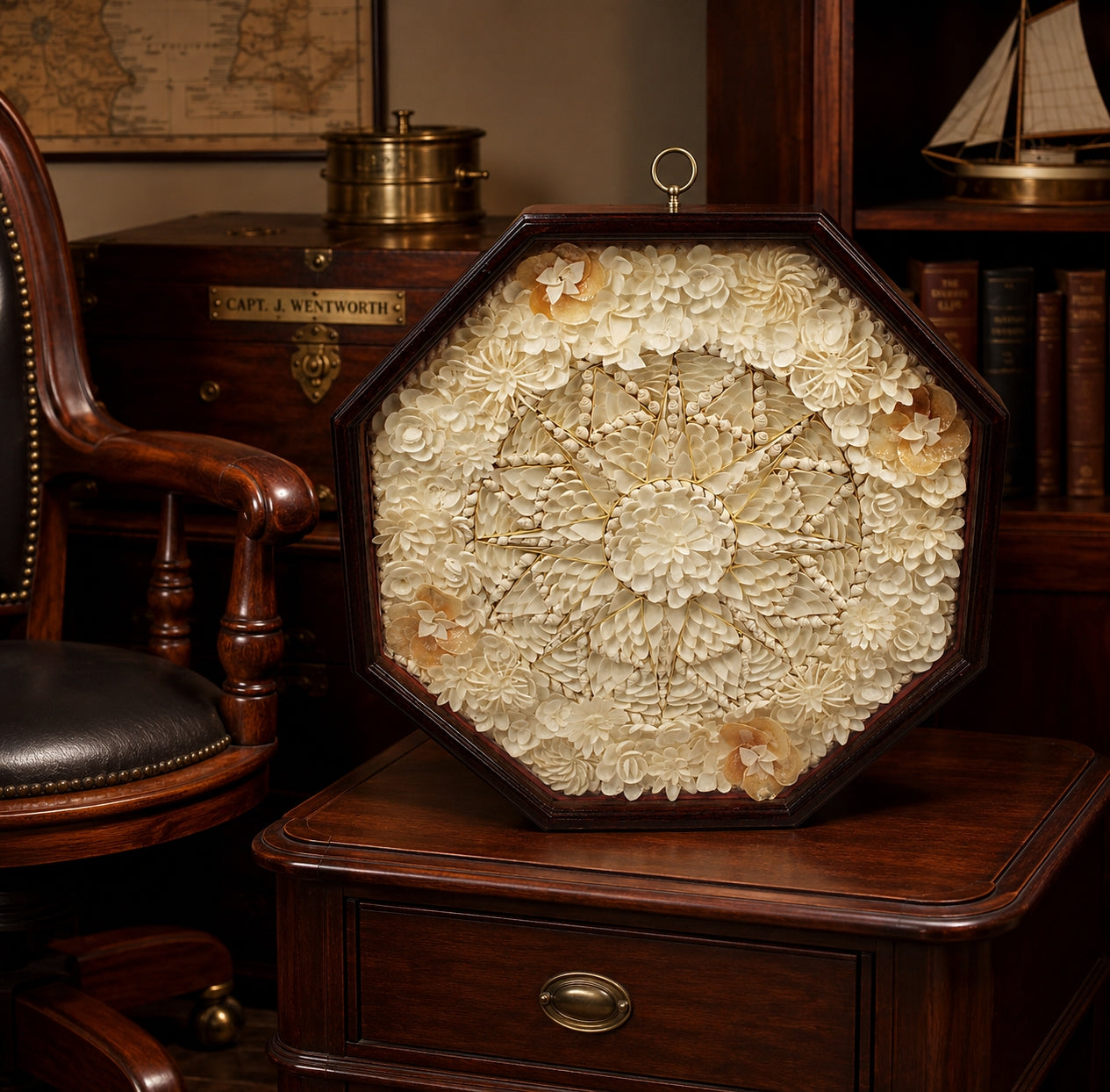 SAILOR'S VALENTINE Handmade with Seashells and Mahogany on table with chair and books and sailing ship behind.