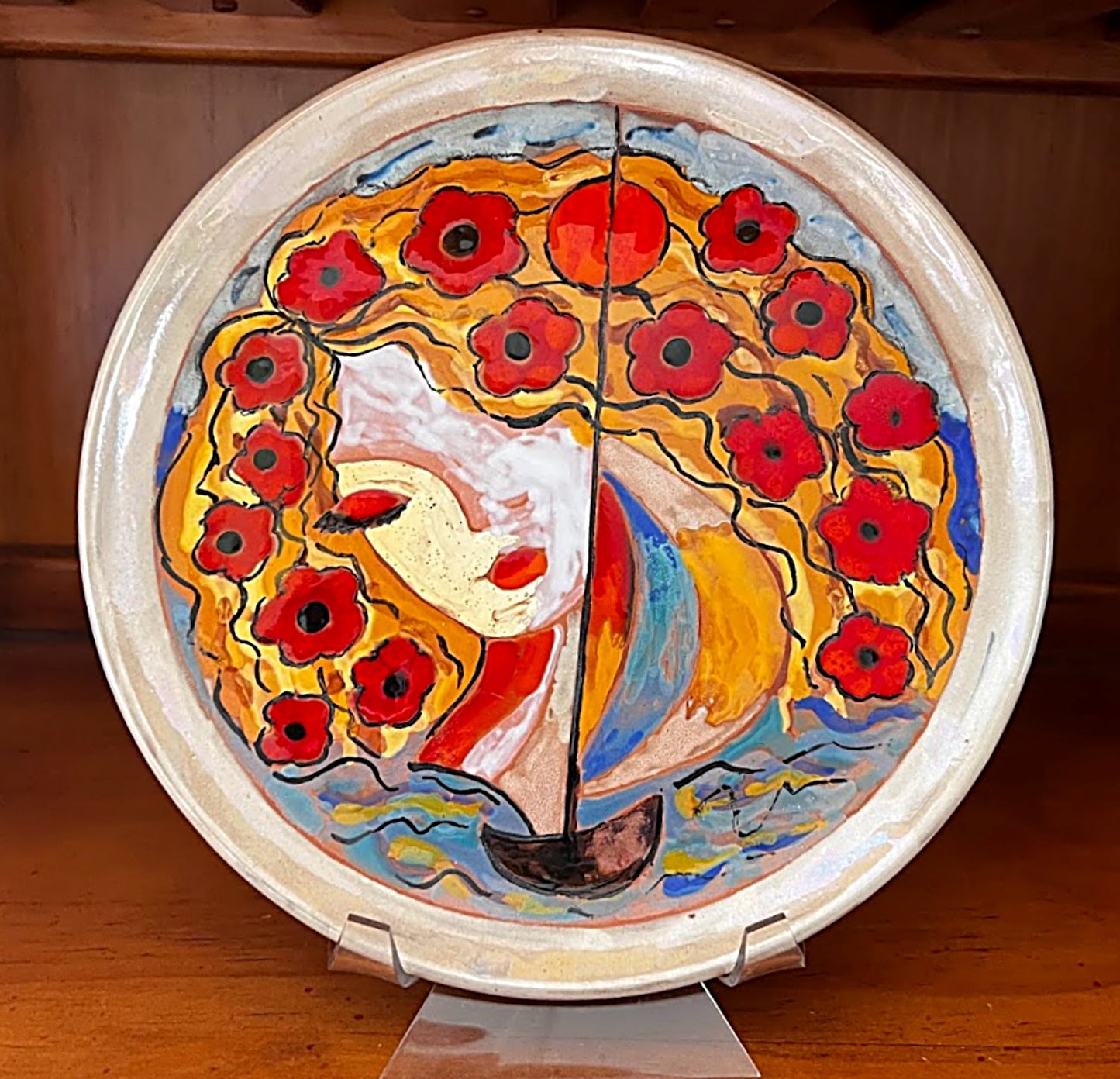 Vintage VALLAURIS FRANCE Wall Plate Enameled Terracotta by Martine Azema