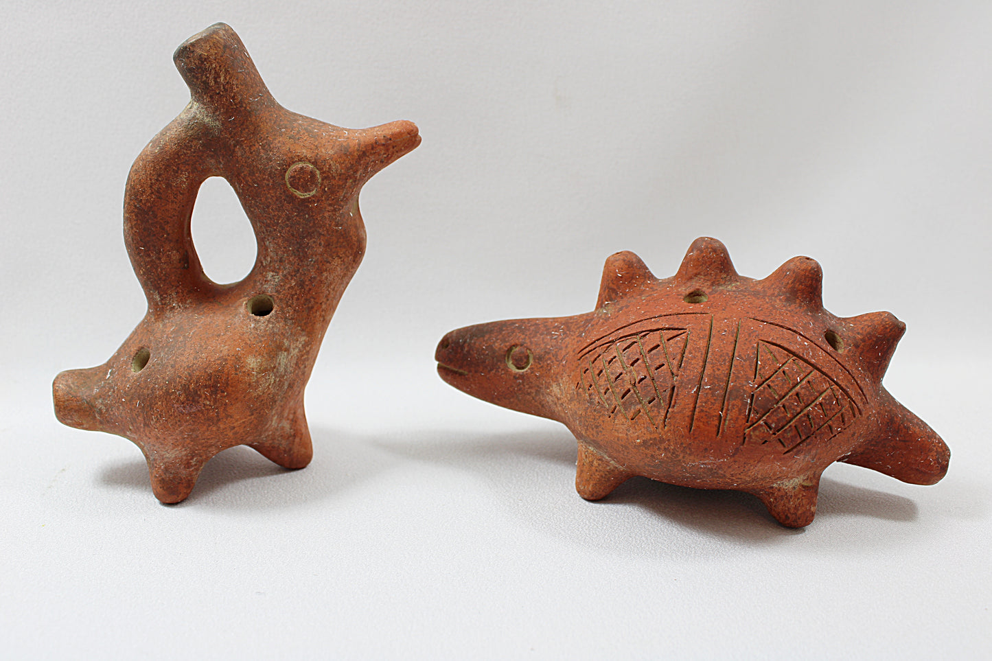 Vintage Pair of CLAY OCARINAS Pre-Columbian Style Bird and Armadillo