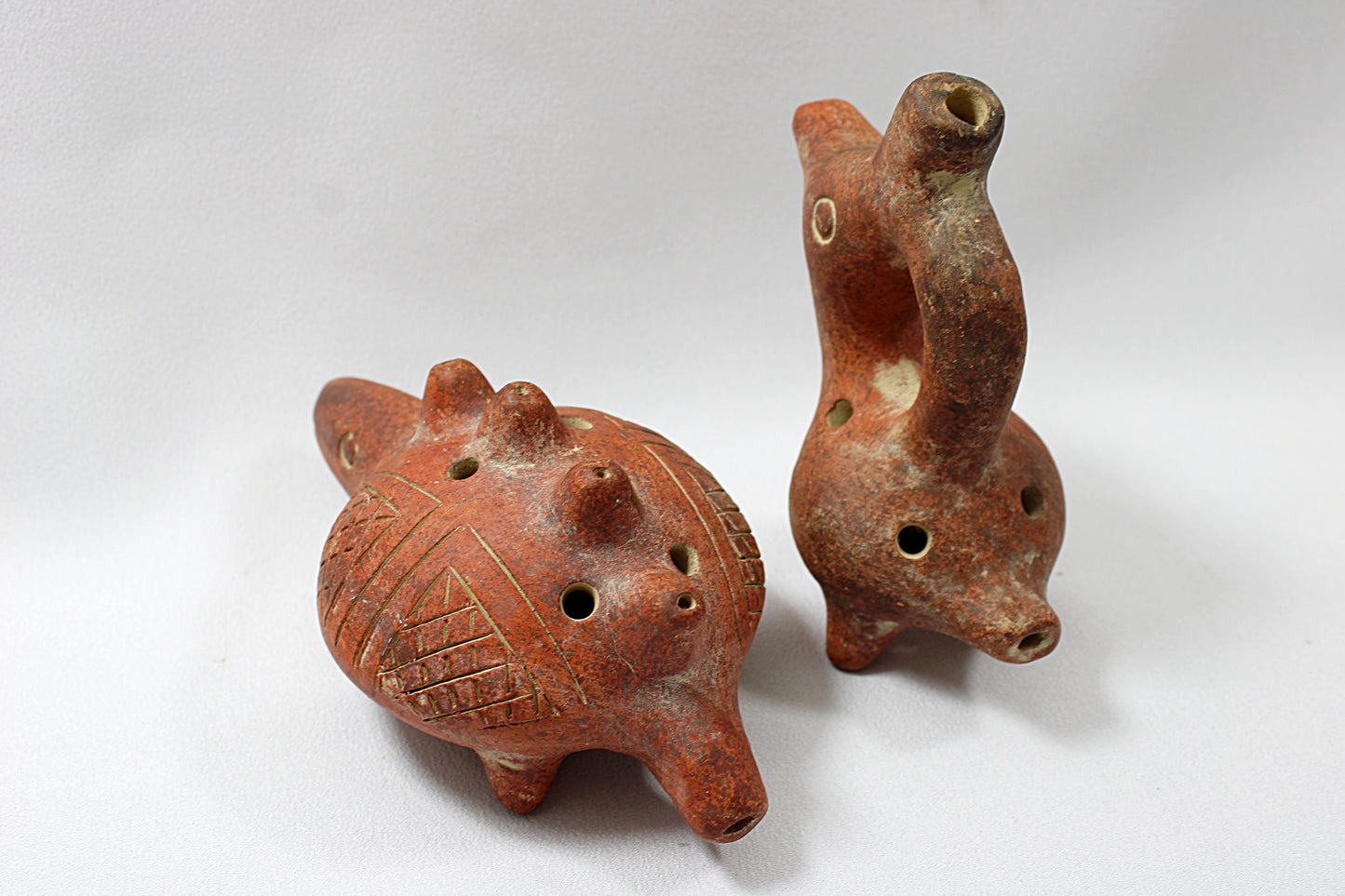 Vintage Pair of CLAY OCARINAS Pre-Columbian Style Bird and Armadillo