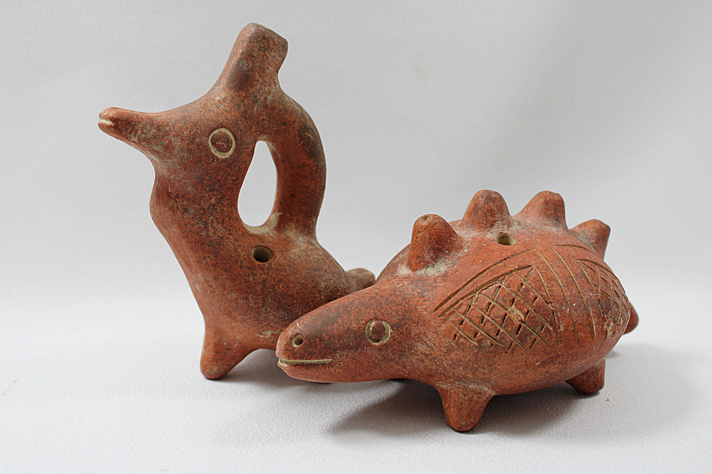 Vintage Pair of CLAY OCARINAS Pre-Columbian Style Bird and Armadillo