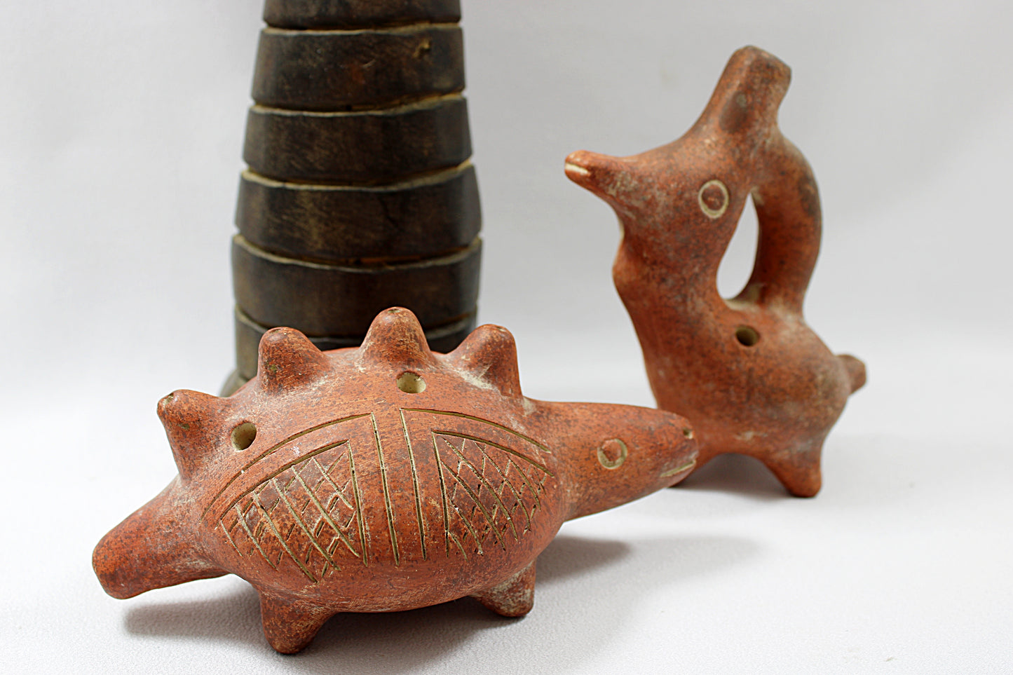 Vintage Pair of CLAY OCARINAS Pre-Columbian Style Bird and Armadillo