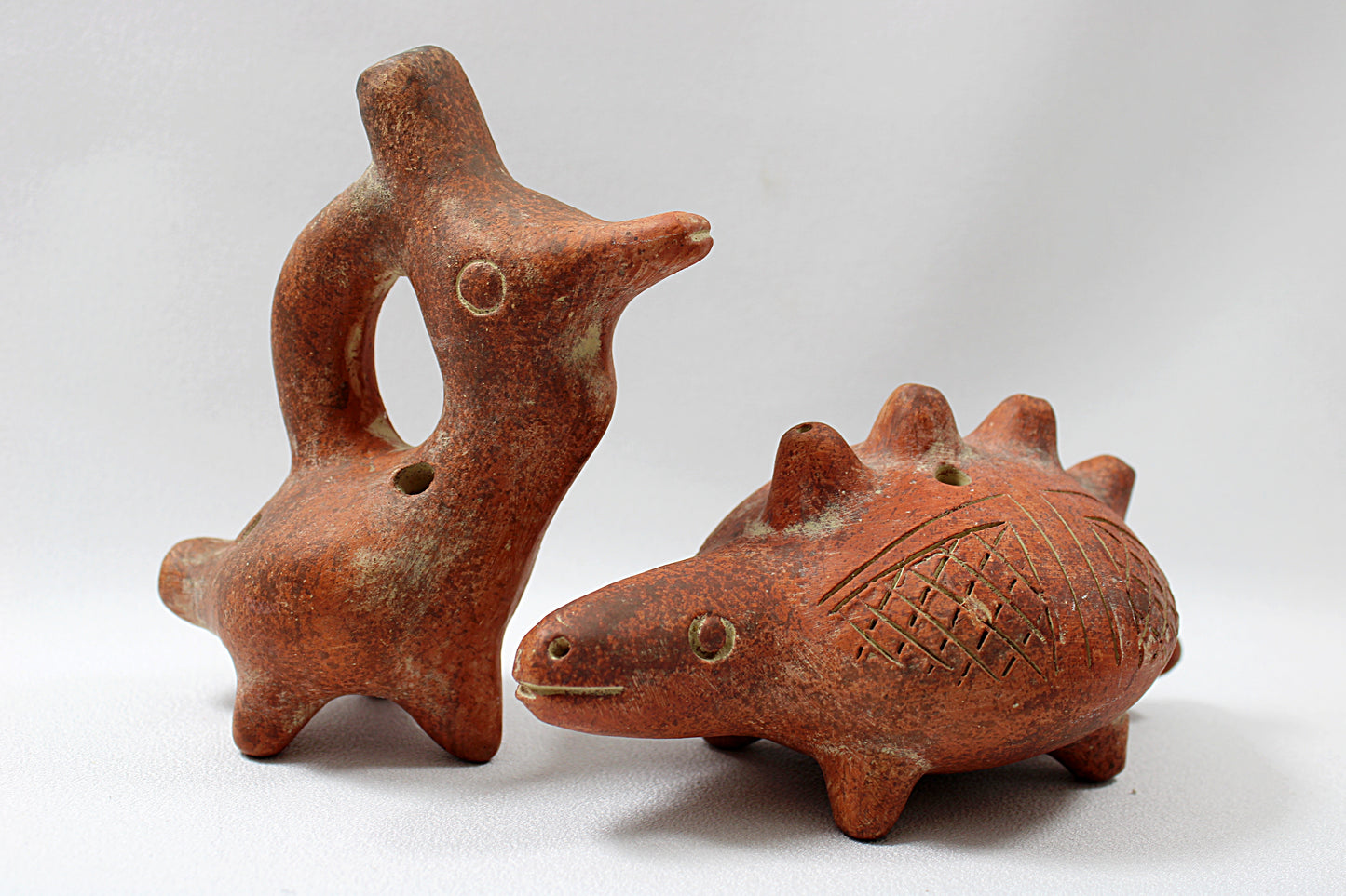 Vintage Pair of CLAY OCARINAS Pre-Columbian Style Bird and Armadillo