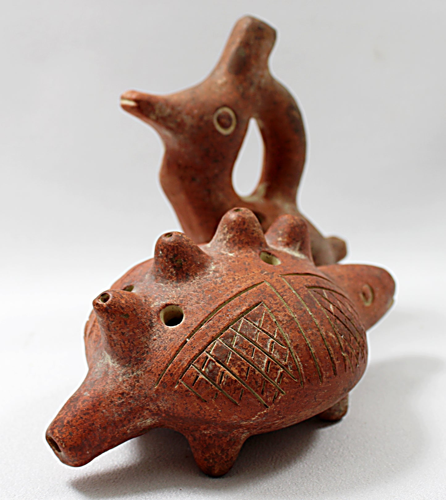 Vintage Pair of CLAY OCARINAS Pre-Columbian Style Bird and Armadillo