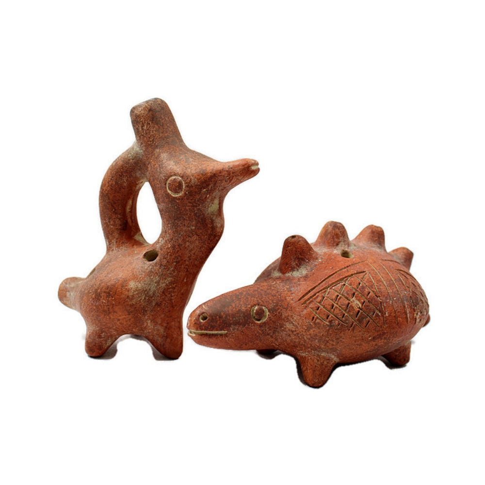 Vintage Pair of CLAY OCARINAS Pre-Columbian Style Bird and Armadillo