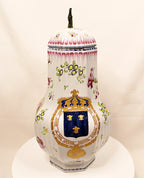 RareAntiqueFrenchFaienceLiddedPitcherwithPewterThumbLifterandRoyalCoatofArms-Front
