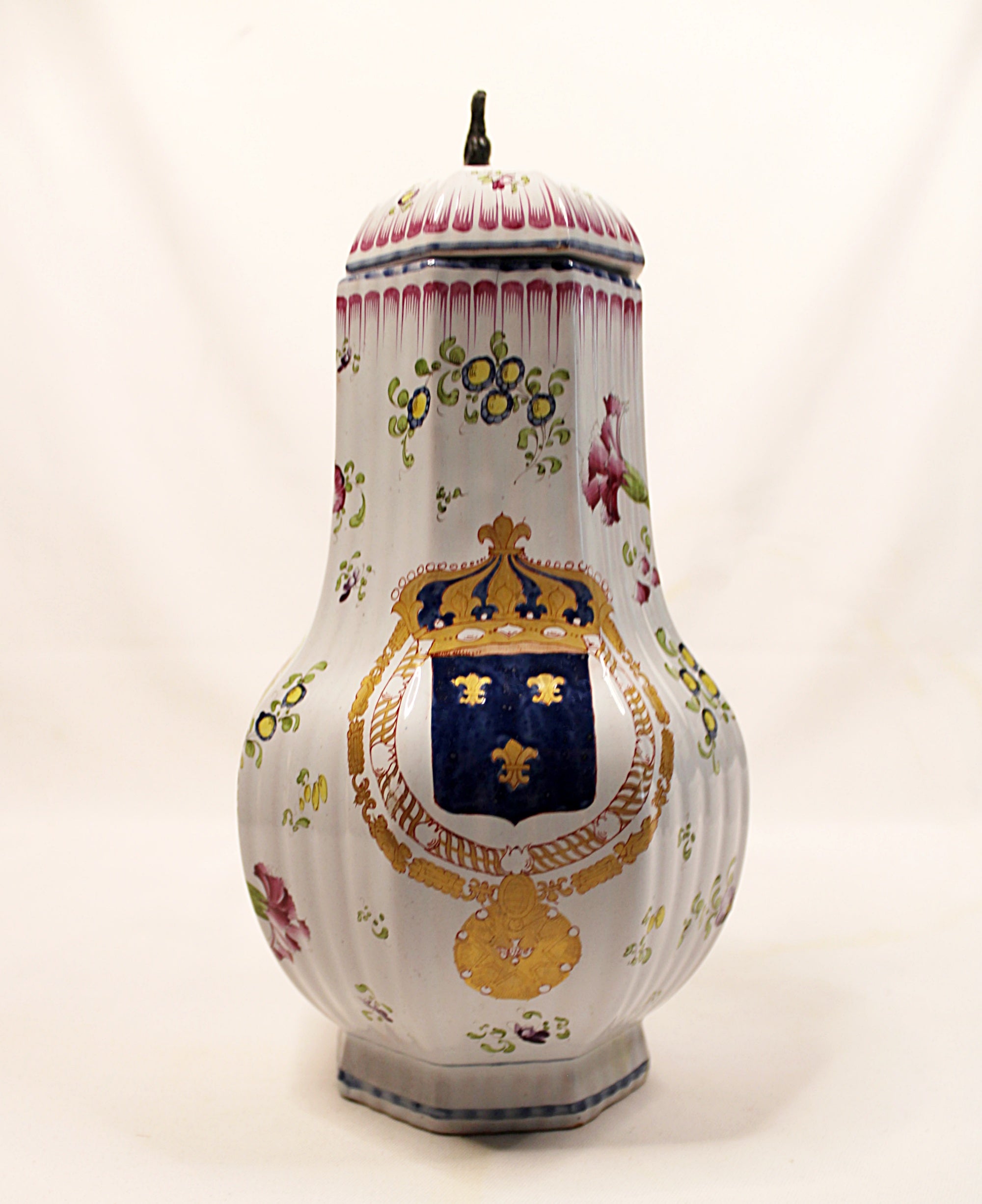 Antique French Faience Lidded Pitcher with Pewter Thumb Lifter