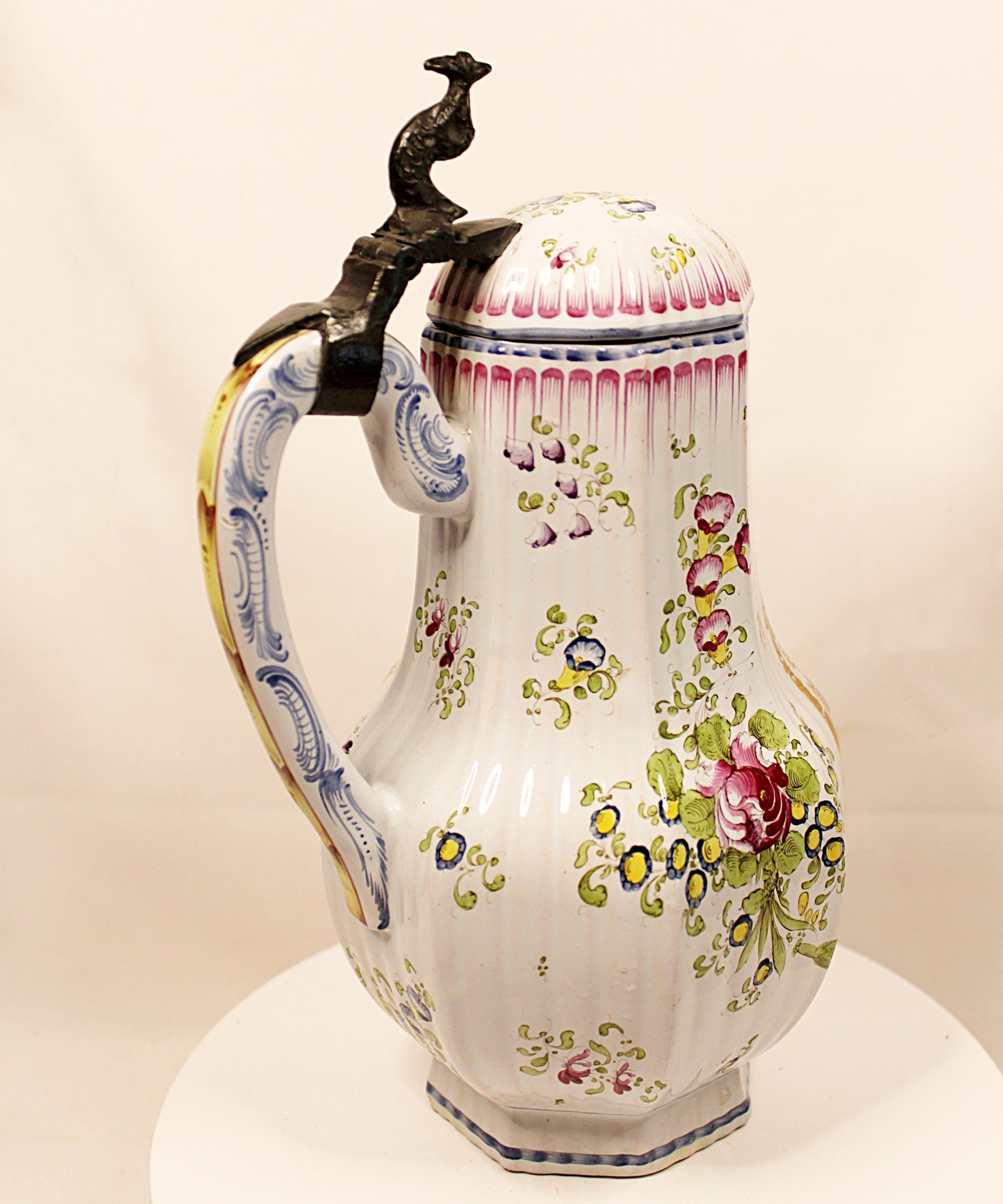 Antique French Faience Lidded Pitcher with Pewter Thumb Lifter
