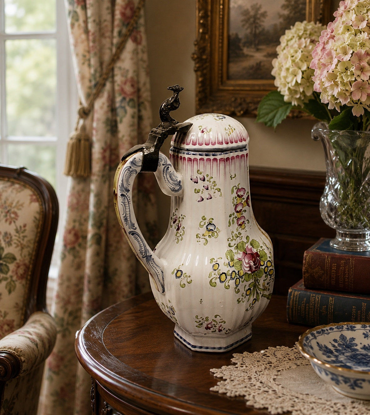 Antique French Faience Lidded Pitcher with Pewter Thumb Lifter