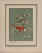 Illustration of birds on a branch with flowers, signed by Anna Worsam Richardson, shown without frame