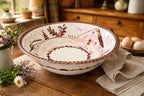 English Copper Luster Bowl by Gray's Pottery on ooden table with eggs and flowers