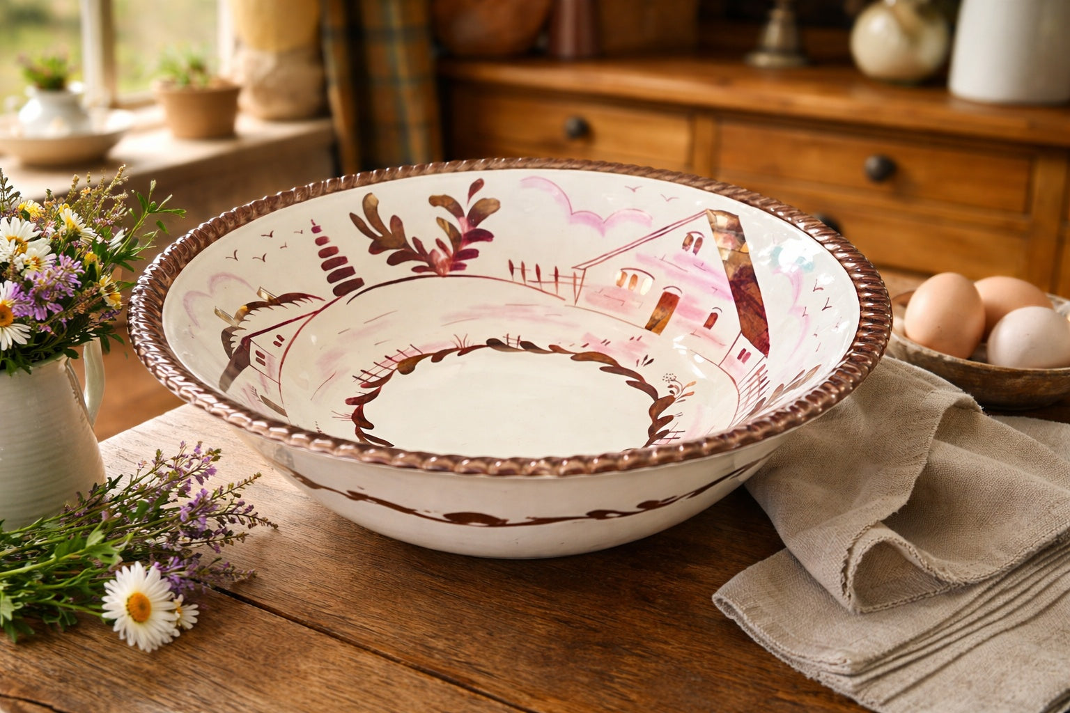 English Copper Luster Bowl by Gray's Pottery on ooden table with eggs and flowers