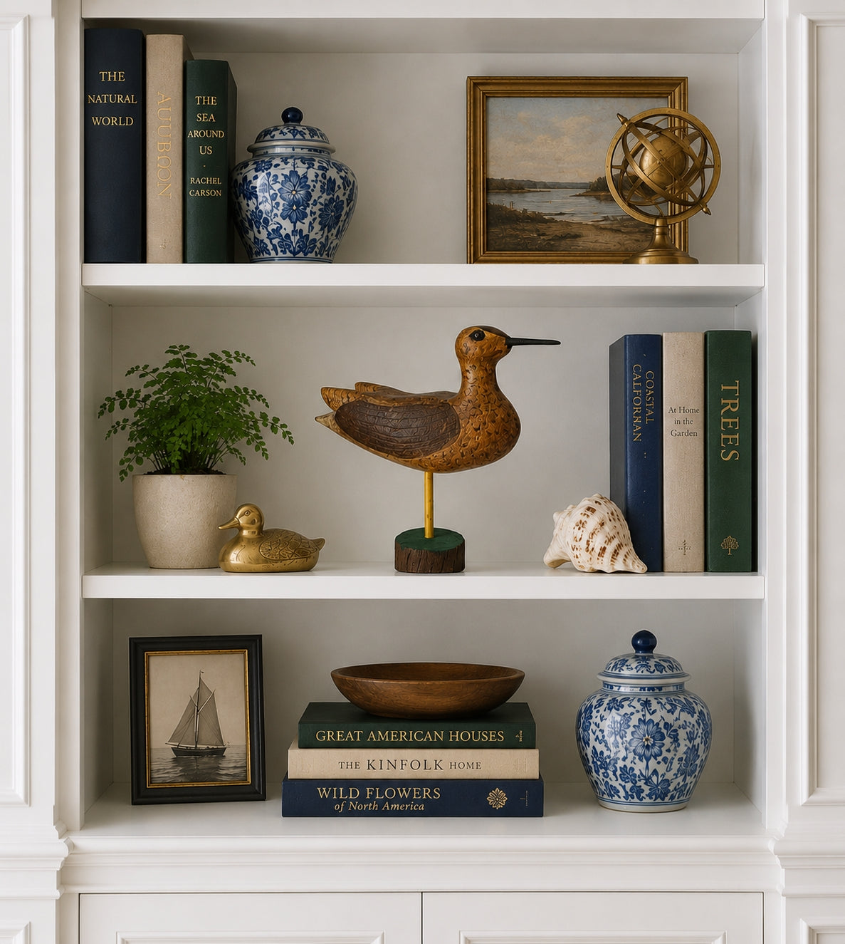 Decorative bookshelf with books, ornaments, and a plantShorebird Carving on Stand Folk Art Greater Yellow Legs 1993 Signed Seth