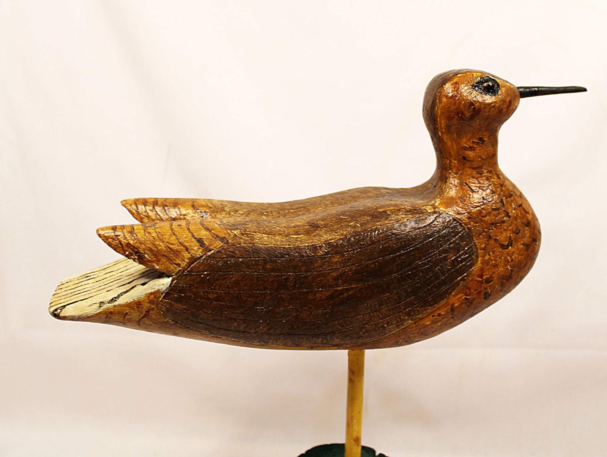 Shorebird Carving on Stand Folk Art Greater Yellow Legs 1993 Signed- closeup looking right
