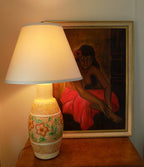 1960s Designer TABLE LAMP by Continental Studios on table with large paintingof Island woman with flower in hair.