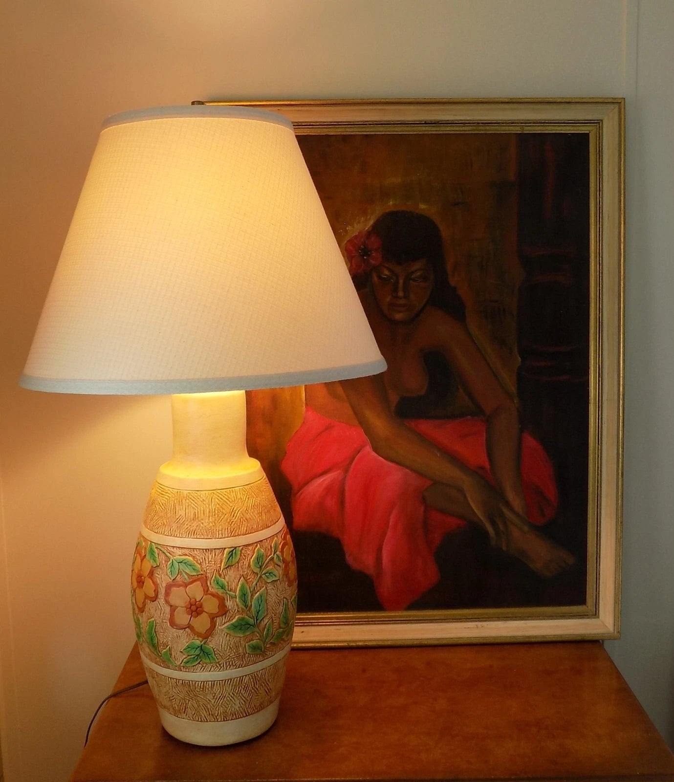 1960s Designer TABLE LAMP by Continental Studios on table with large paintingof Island woman with flower in hair.